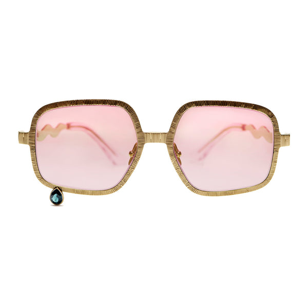 Pentagon glasses with pink lenses and London blue topaz