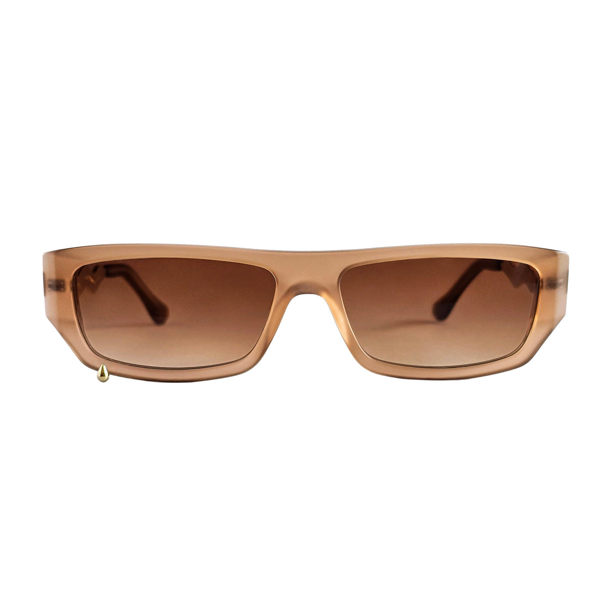 Rectangular sunglasses with a translucent warm brown frame and matching gradient brown lenses, shown against a plain white background.