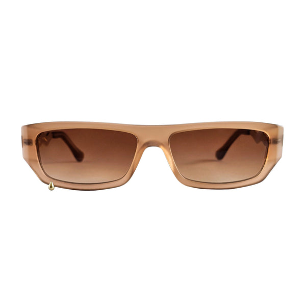Rectangular sunglasses with a translucent warm brown frame and matching gradient brown lenses, shown against a plain white background.