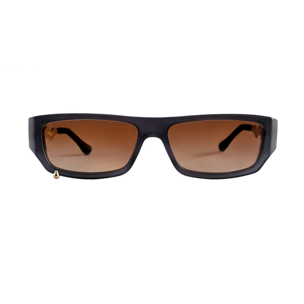 A pair of square sunglasses with a thick black frame and brown gradient lenses, shown against a plain white background.