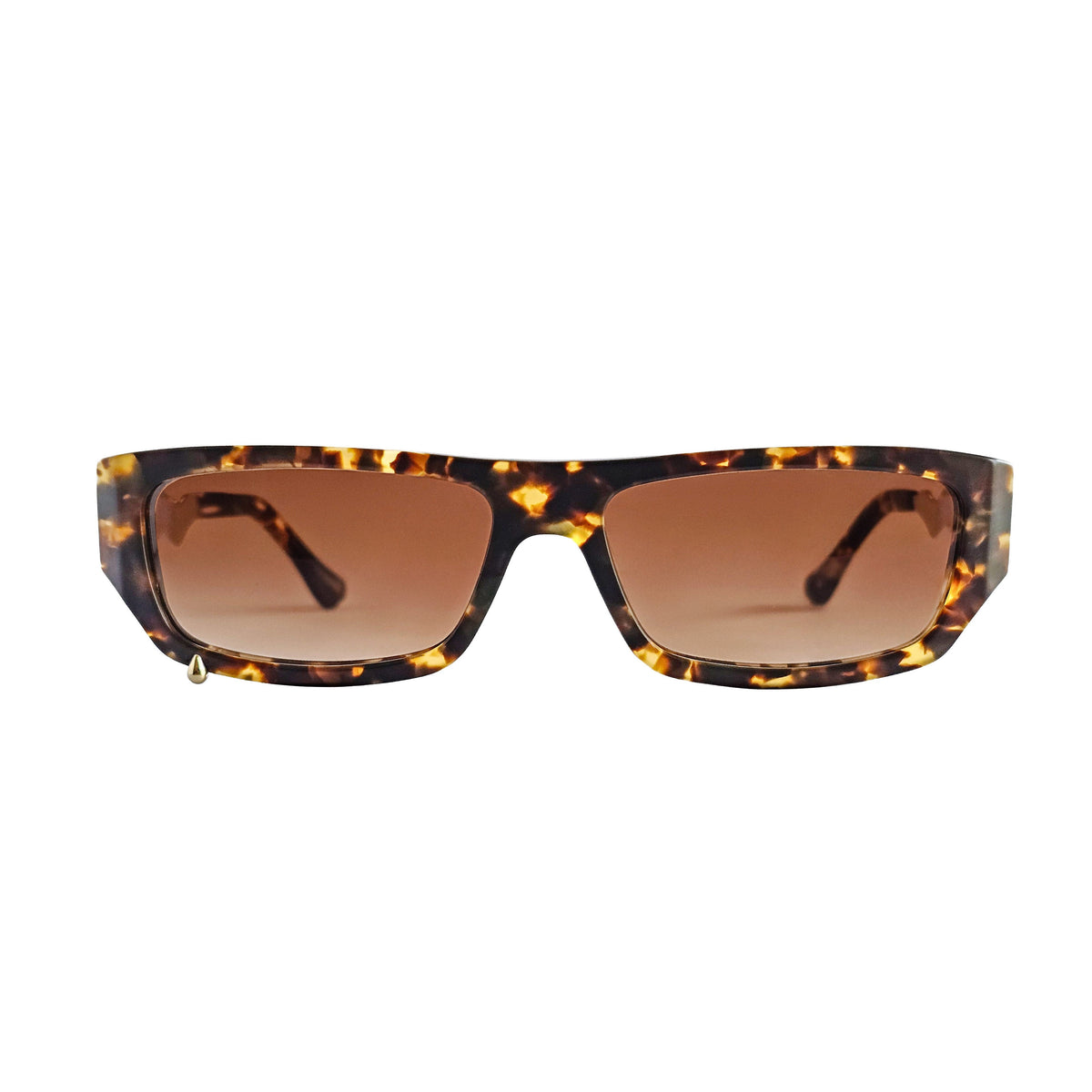 Rectangular sunglasses with a tortoiseshell patterned acetate frame and brown tinted lenses, shown against a plain white background.