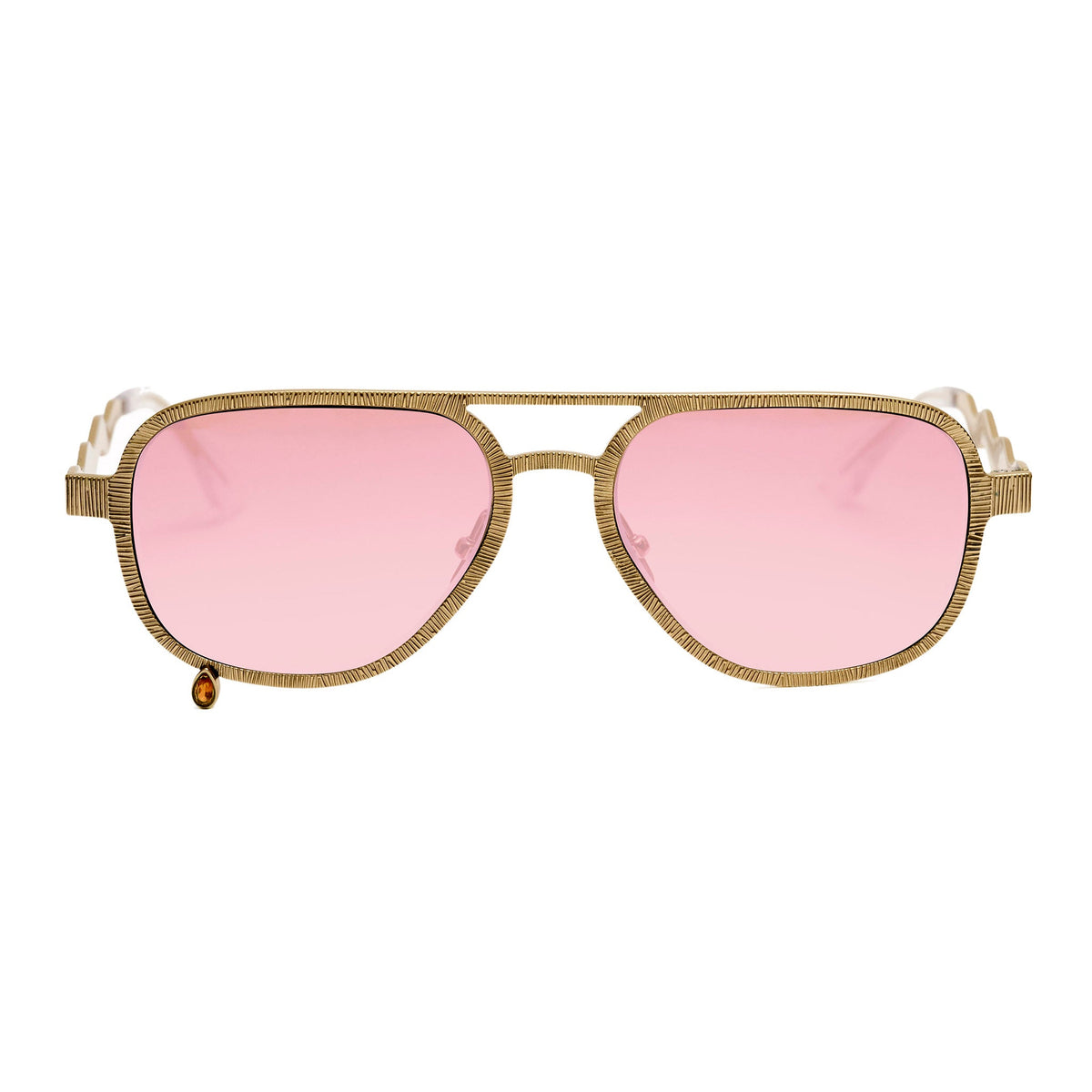 A pair of aviator-style sunglasses with a textured gold metal frame and pink tinted lenses, shown against a plain white background.