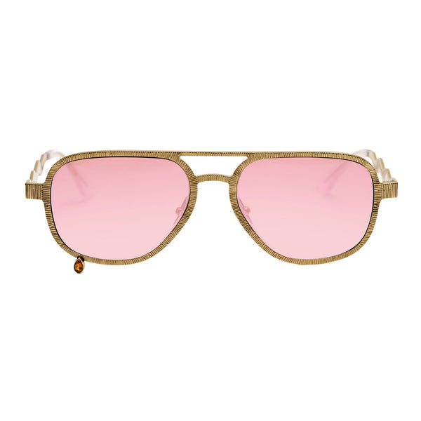 A pair of aviator-style sunglasses with a textured gold metal frame and pink tinted lenses, shown against a plain white background.