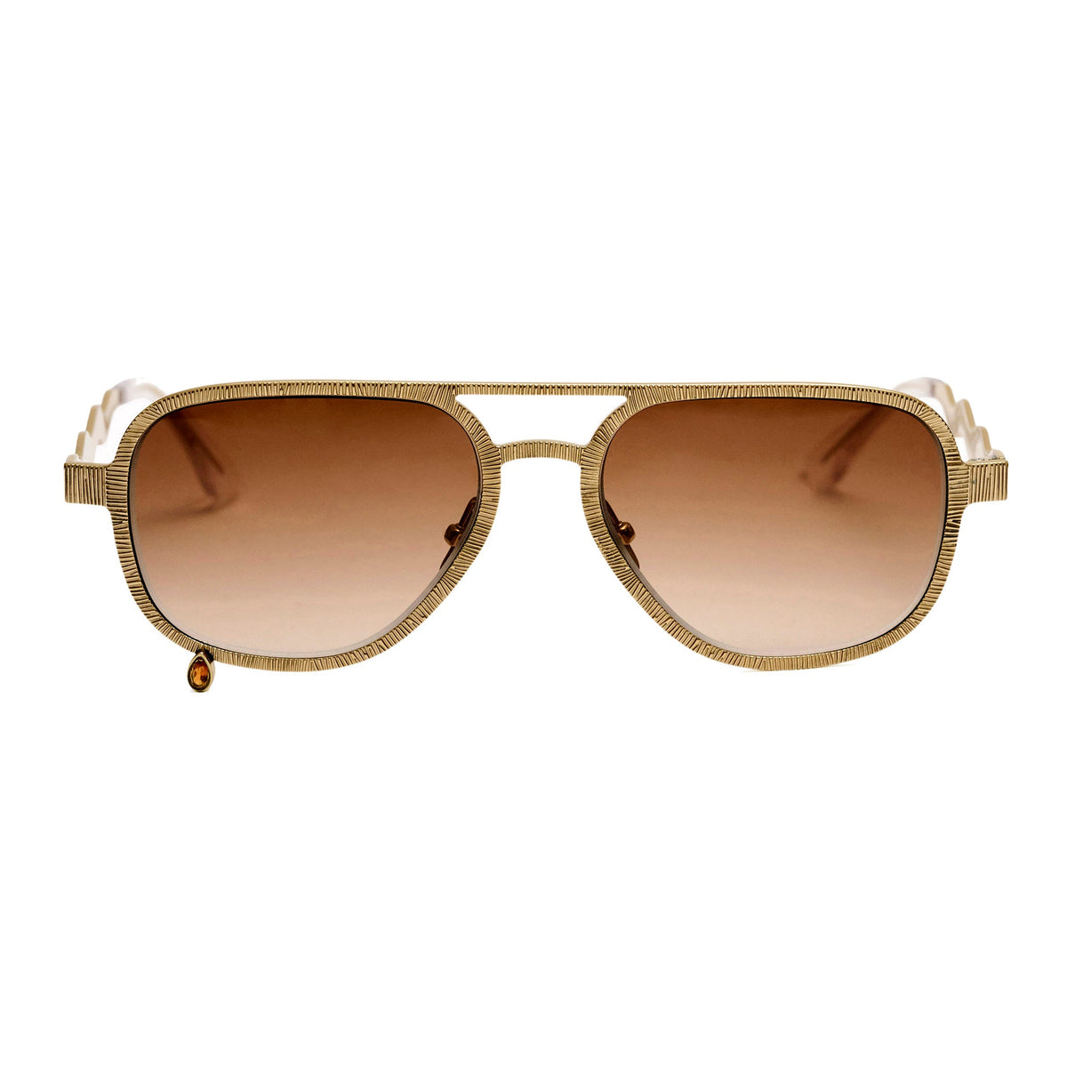 A pair of aviator-style sunglasses with a textured gold-tone metal frame and brown gradient lenses, shown against a plain white background.