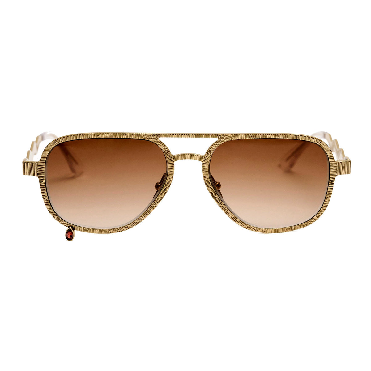A pair of aviator-style sunglasses with a textured gold metal frame and brown gradient lenses, shown against a plain white background.