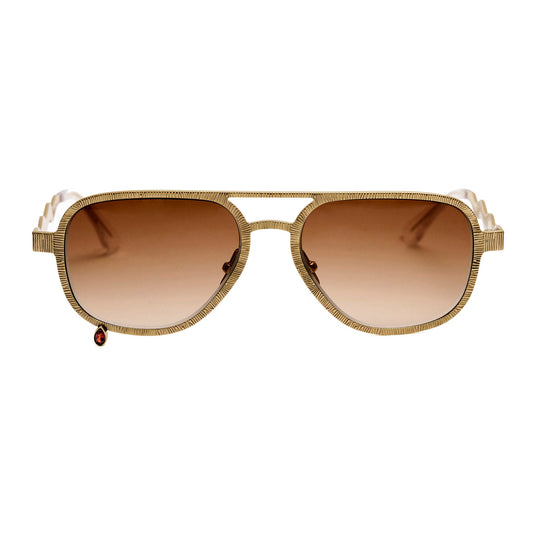 A pair of aviator-style sunglasses with a textured gold metal frame and brown gradient lenses, shown against a plain white background.