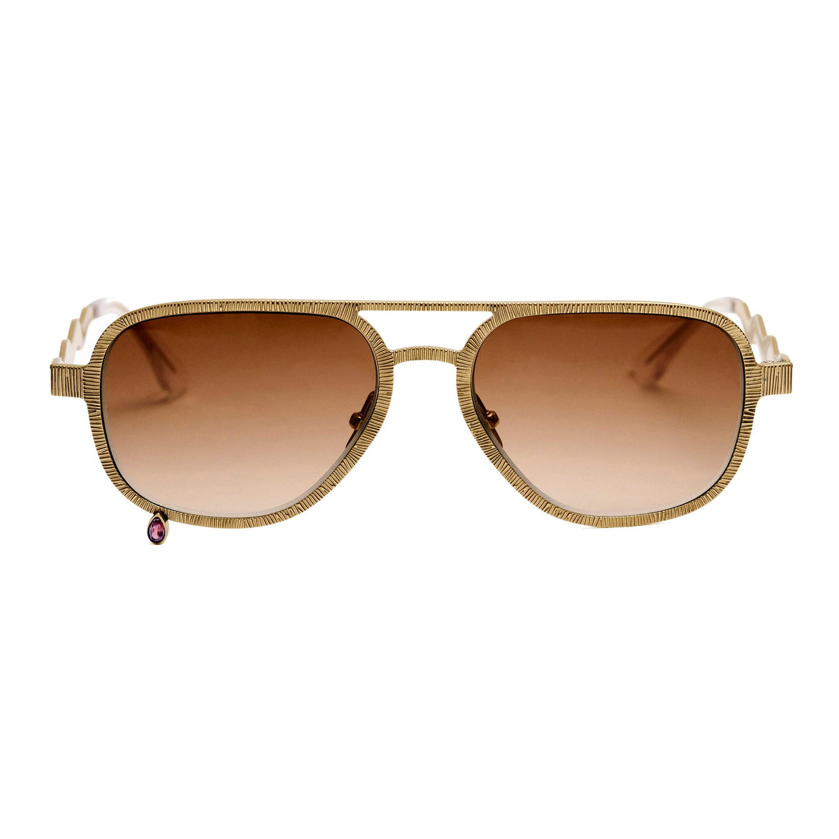 A pair of aviator-style sunglasses with a textured gold-tone metal frame and brown gradient lenses, shown against a plain white background.