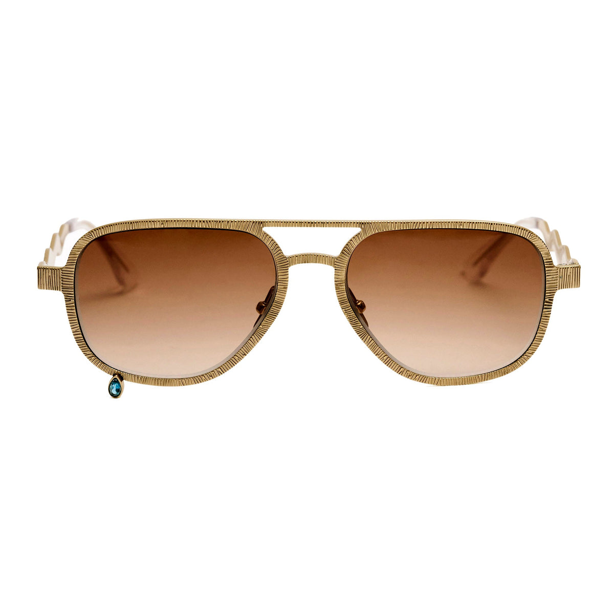 A pair of aviator-style sunglasses with a textured gold-tone metal frame and brown gradient lenses, shown against a plain white background.