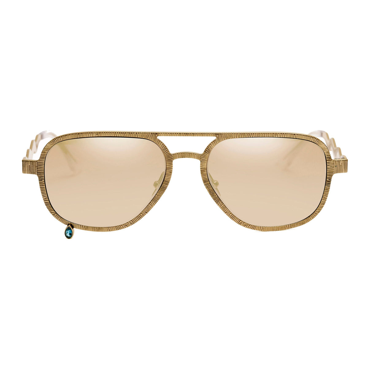 A pair of aviator-style sunglasses with a textured gold-tone metal frame and light beige mirrored lenses, shown against a plain white background.