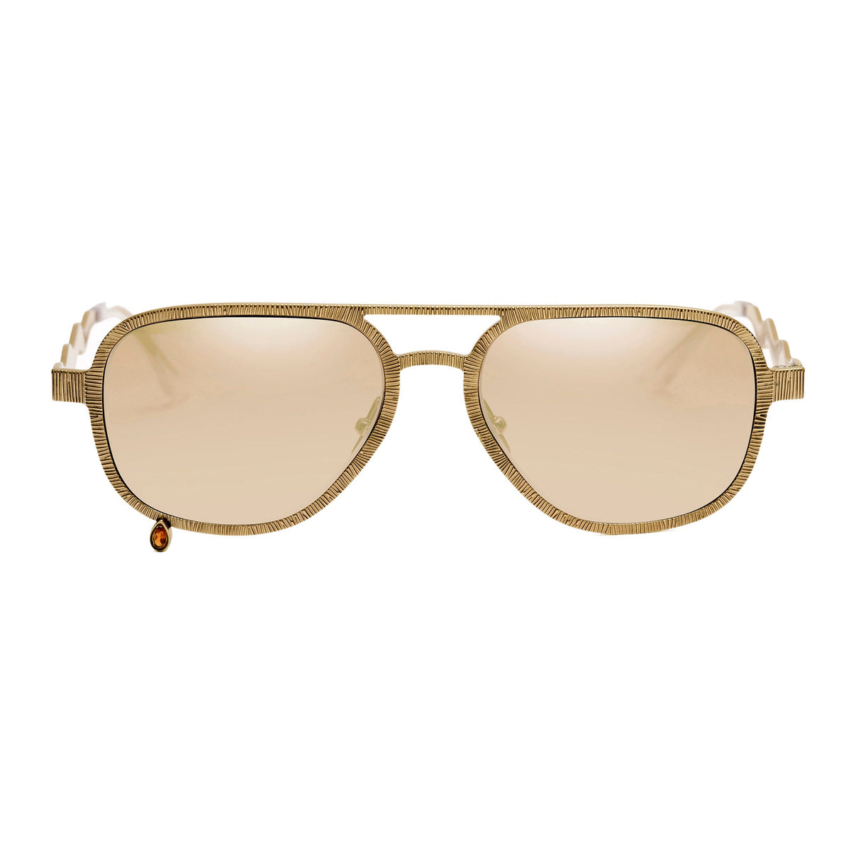 A pair of aviator-style sunglasses with a textured gold metal frame and light beige mirrored lenses, shown against a plain white background.