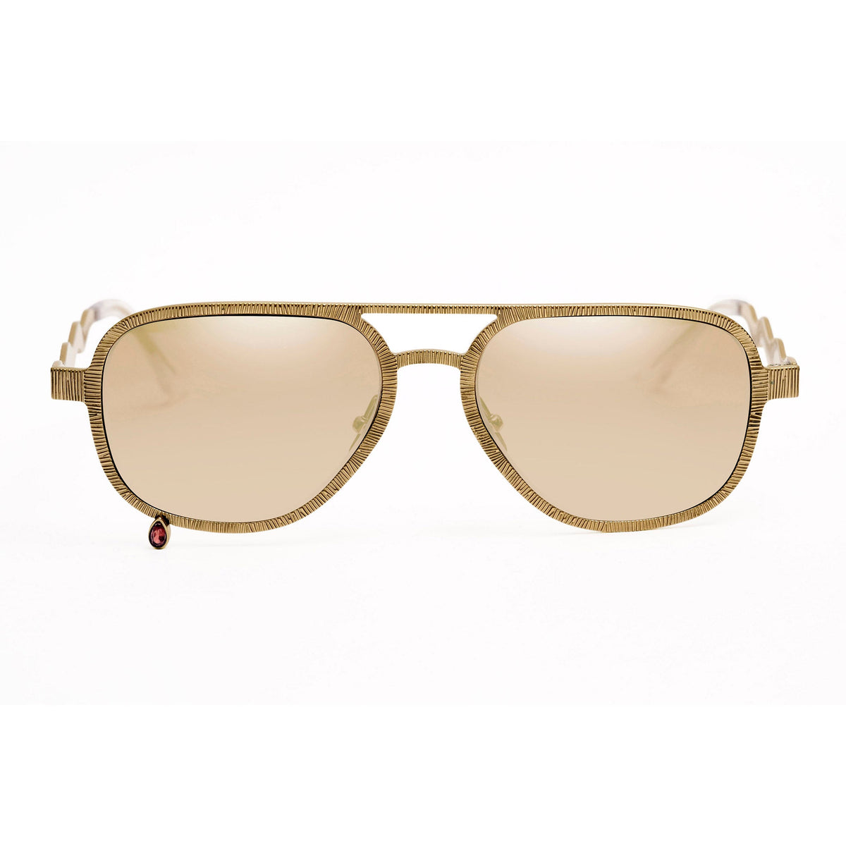 A pair of aviator-style sunglasses with a textured gold-tone metal frame and light beige mirrored lenses, shown against a plain white background.