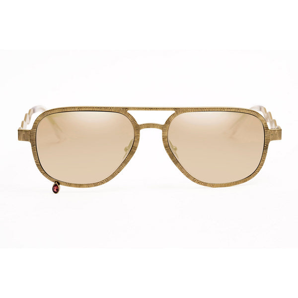 A pair of aviator-style sunglasses with a textured gold-tone metal frame and light beige mirrored lenses, shown against a plain white background.