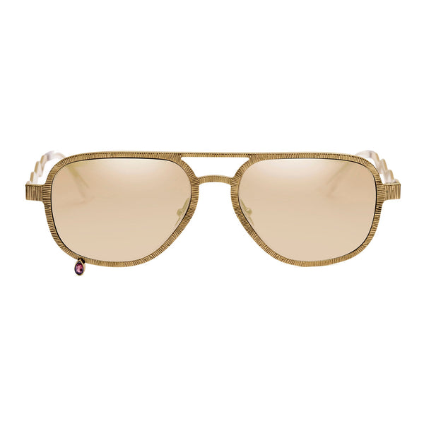A pair of aviator-style sunglasses with a textured gold-tone metal frame and light beige mirrored lenses, shown against a plain white background.