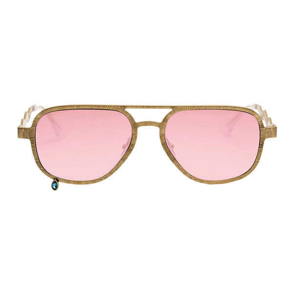A pair of aviator-style sunglasses with a textured gold-tone metal frame and pink tinted lenses, shown against a plain white background.