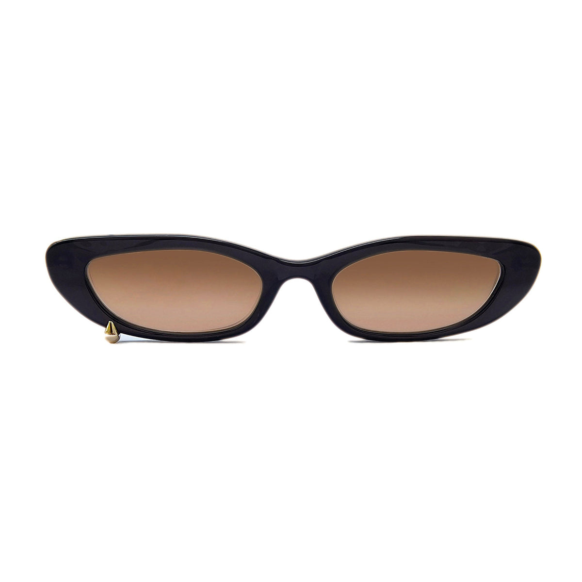 A pair of cat-eye sunglasses with a glossy black frame and brown gradient lenses, shown from the front on a solid white background.