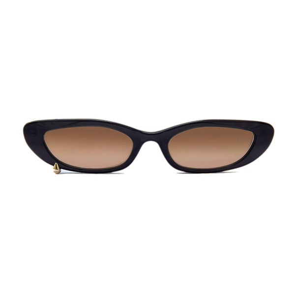A pair of cat-eye sunglasses with a glossy black frame and brown gradient lenses, shown from the front on a solid white background.